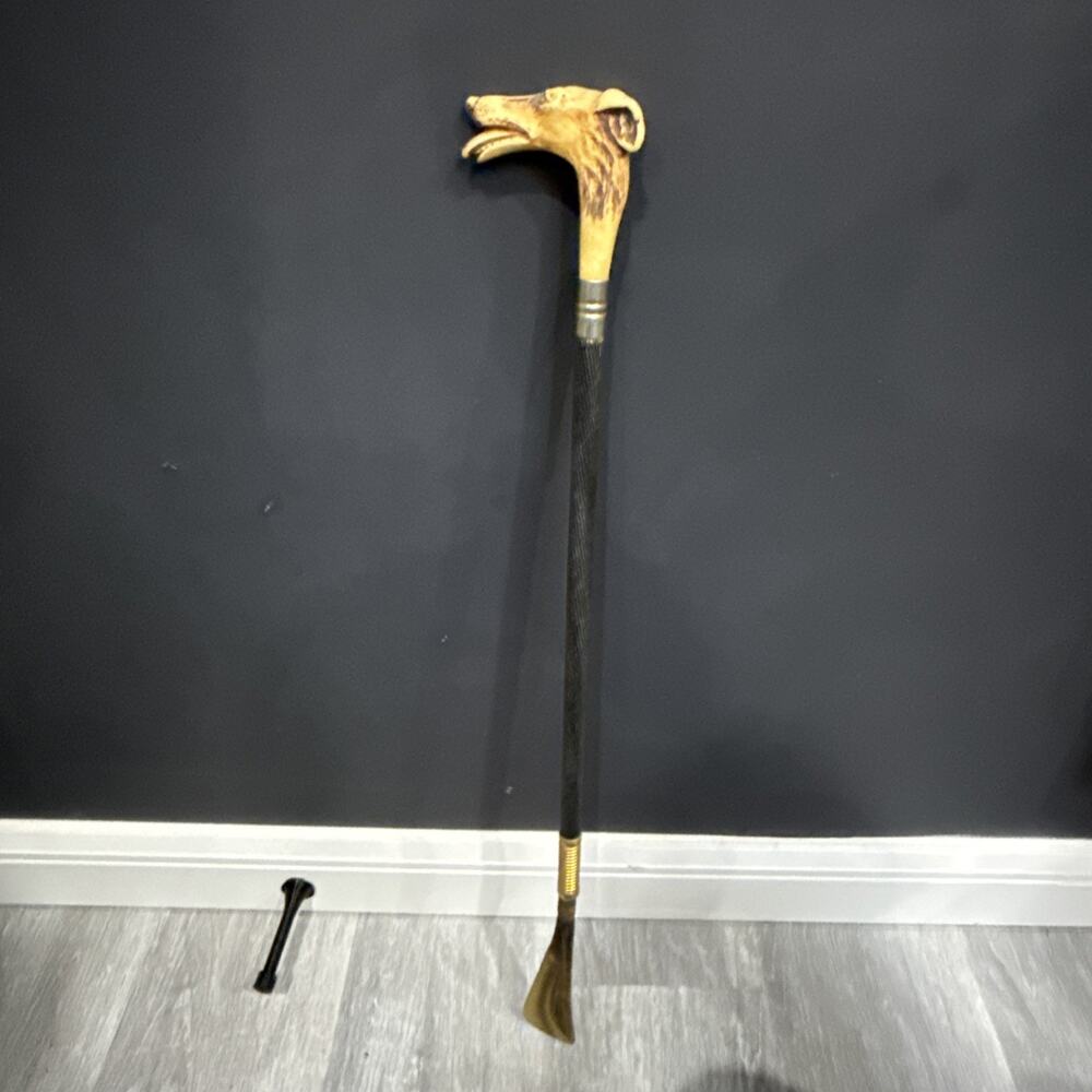 Vintage 22” Carved Dog Hound Head Long Handle Shoehorn Horn Wood Brass *
